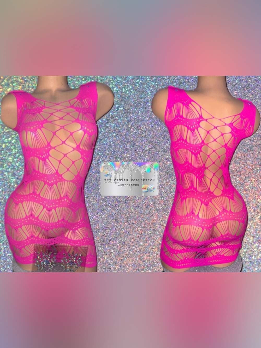 Club/Rave Dress: Hot Pink Mini Dress with rhinestones & matching pasties